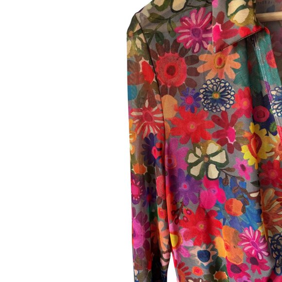 Natural Life Sz XL Carina Mesh Top Vivid Floral Flower Power Fitted Low V Sheer - Picture 16 of 16